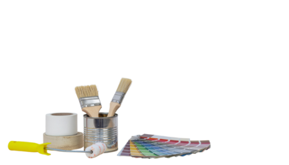Various art supplies including paint brushes tubes of paint and a white container are displayed pure white background cutout