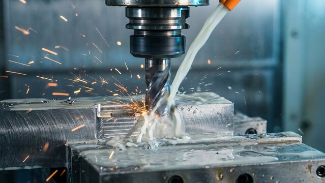 Close up of a metal milling machine cutter drilling into a workpiece with coolant and sparks