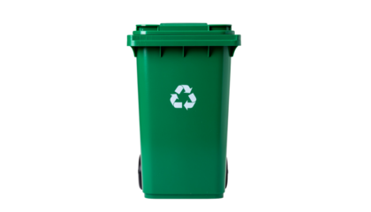 Green recycling bin with a lid and a recycle symbol on the front, standing upright and visible in the frame on white and transparent