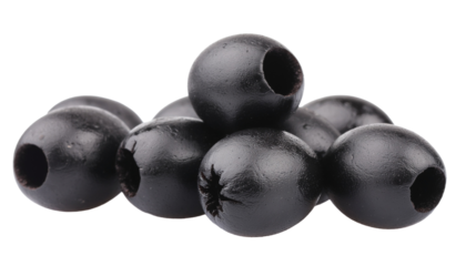 A small pile of dark spherical objects with holes visible in some, stacked haphazardly in a group, close up view on white and transparent