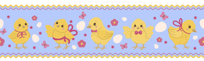Cute Chicks with Bows and Butterflies Vector Illustration