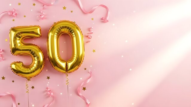Golden 50th birthday celebration with pink background and water droplets