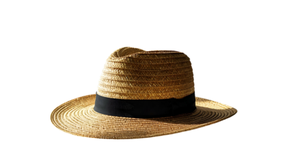 Isolated, light brown straw hat with a black band, wide brim, and slightly crushed top