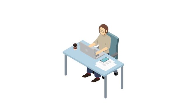 アイソメトリックイラスト：PCを使って仕事をする女性