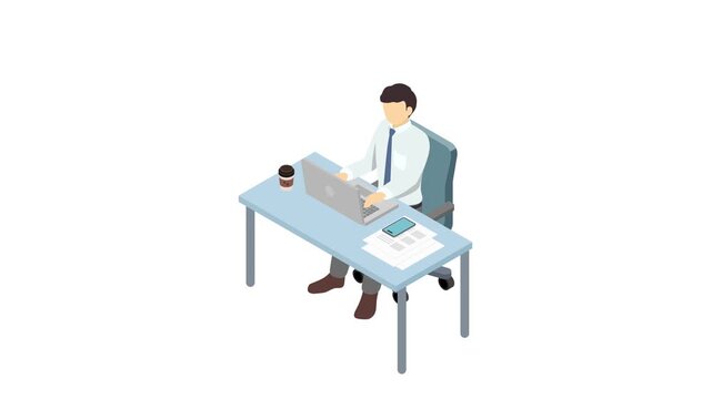 アイソメトリックイラスト：PCを使って仕事をするスーツ男性(夏)