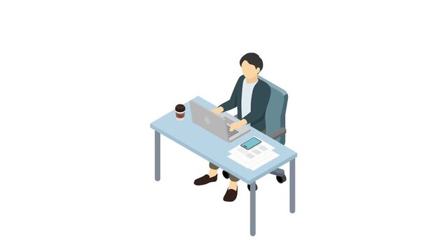 アイソメトリックイラスト：PCを使って仕事をする男性