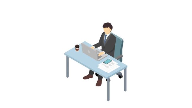 アイソメトリックイラスト：PCを使って仕事をするスーツ男性