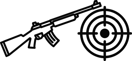 Black outline rifle aiming at target icon illustration, shooting sport symbol, military weapon concept, minimalist line art design isolated on white © Hadi