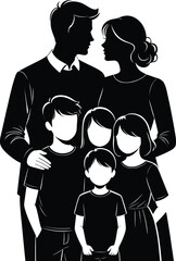 Vector illustration of a black family silhouette featuring a mother and son, father and daughter, and a couple with children walking and dancing in a display of love