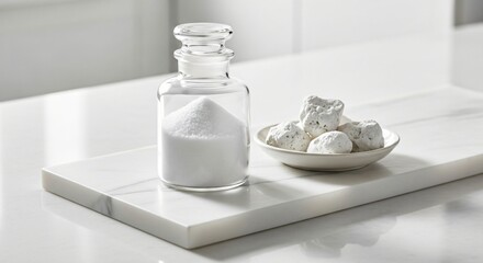 Clear glass bottle filled with white granular powder next to small white porous stones on a marble surface