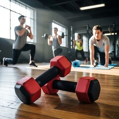 A fit, muscular young man builds strength and muscle during a gym workout by exercising with dumbbells to improve his health and athletic power