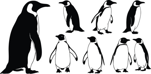 Collection of penguin silhouettes and line art illustrations featuring emperor penguins in various standing and walking poses for winter nature design projects, © MstShahanaz