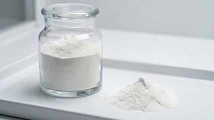 A clear glass jar filled with white powder beside a small pile of loose powder on a white surface