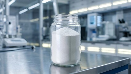 Glass jar filled with white powder sits on a laboratory table with equipment in background