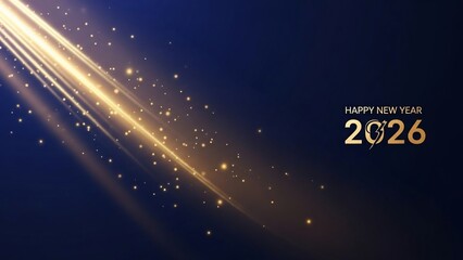 Vibrant Happy New Year 2026 Background Illustration Featuring Golden Lights and Sparkling Stars on a Dark Blue Gradient