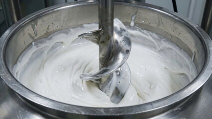 Industrial mixer blending white creamy substance within a large stainless steel vat