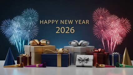 Celebrating Happy New Year 2026 Background with Festive Fireworks and Gifts on a Table