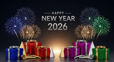 Vibrant Happy New Year 2026 Background Celebration with Fireworks and Gifts