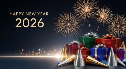 Vibrant Happy New Year 2026 Background Celebration with Fireworks and Gifts at Night