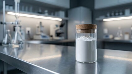 Laboratory flask containing white powder with cork stopper sits on stainless steel counter