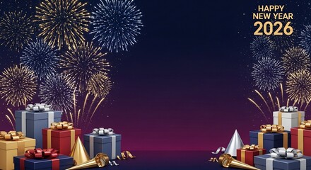 Vibrant Celebration of Happy New Year 2026 Background with Fireworks and Gift Boxes
