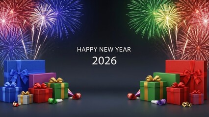 Vibrant Happy New Year 2026 Background Scene with Colorful Fireworks and Gift Boxes on a Dark Stage
