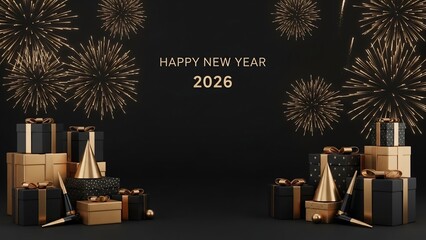 Celebrating Happy New Year 2026 Background with fireworks and gift boxes in a festive atmosphere