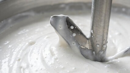 A stainless steel whisk blends creamy white liquid in a metallic bowl creating texture