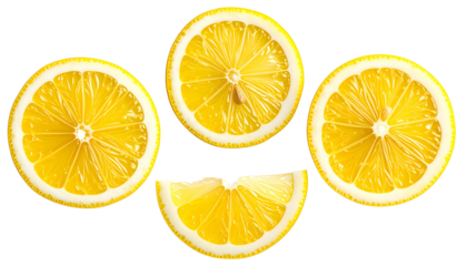 Four bright yellow lemon slices, one cut, arranged on a black backdrop