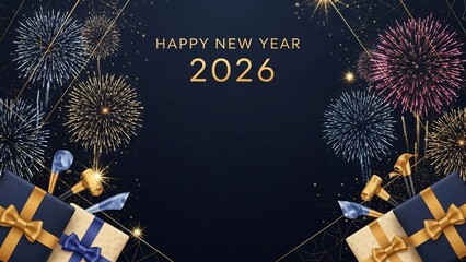 Vibrant Celebration of Happy New Year 2026 Background with Fireworks and Gift Boxes Under the Night Sky