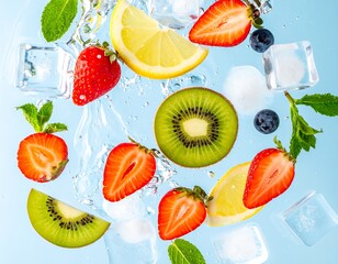 Fresh fruits and ice cubes in refreshing summer splash