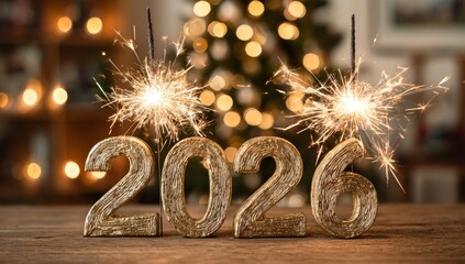 Silvester Sylvester 2026 New year New Year's Eve Party background banner panorama illustration - Abstract gold firework fireworks on dark green texture with bokeh lights