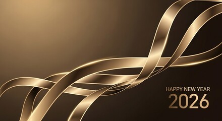 Celebrate the arrival of Happy New Year 2026 Background with elegant golden ribbons, a sophisticated and festive design perfect for your greeting cards and digital celebrations