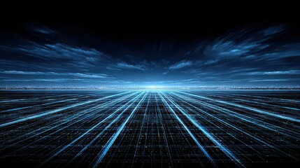 Abstract Digital Landscape with Blue Dotted Lines and Glowing Horizon on Black Background Data Visualization Network Concept Futuristic Technology
