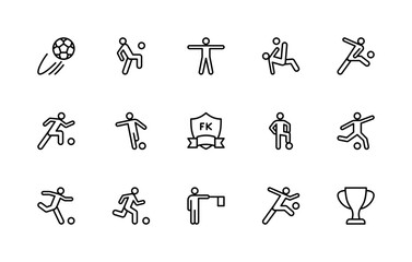 Football related vector linear icons set. Isolated icon collection such as player, ball, emblem, trophy, stadium, match, sport, card, timer, goal, cup, gate, boots, medal and more. © Andrey