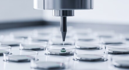 Automated precision dispensers applying electrolyte layers onto microbatteries integrated within soft smart contact lens materials.