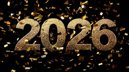 Golden "2026" Text On Black Background With Confetti For New Year's Eve Celebration And New Beginnings.