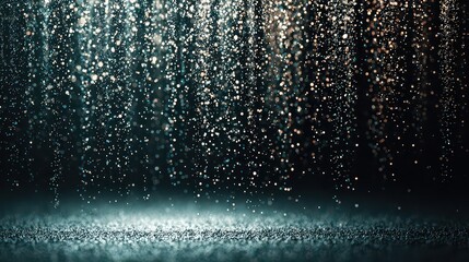 Abstract Glittering Background with Sparkling Particles in Dark and Light Golden Hues on Reflective Blue Surface Under Dramatic Lighting