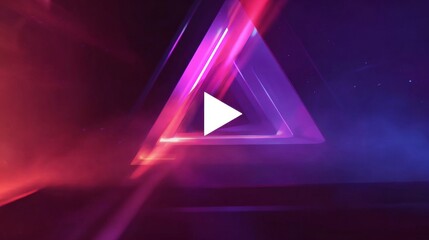 a beautiful intro play button lay button in center of illuminated triangle surrounded by particles and digital energy, symbolizing technology, media streaming, innovation, and virtual design