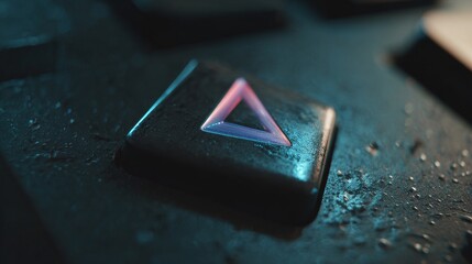 a beautiful intro play button lay button in center of illuminated triangle surrounded by particles and digital energy, symbolizing technology, media streaming, innovation, and virtual design