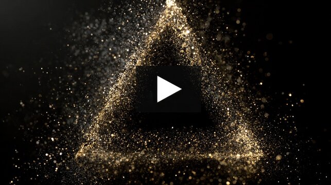 a beautiful intro play button lay button in center of illuminated triangle surrounded by particles and digital energy, symbolizing technology, media streaming, innovation, and virtual design - Powered by Adobe
