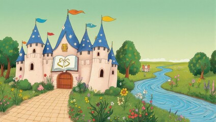 Fairytale castle with blue towers by a winding river in a green valley.