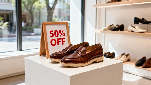 Brown leather loafers with beige soles on white pedestal beside 50 percent off sale sign in modern shoe store - Powered by Adobe