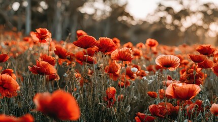 Abundant Field of Red Poppy Flowers in Warm Sunset Light with Soft Focus Forest Backdrop at Golden Hour Emphasizing Floral Beauty and Natural Tranquility