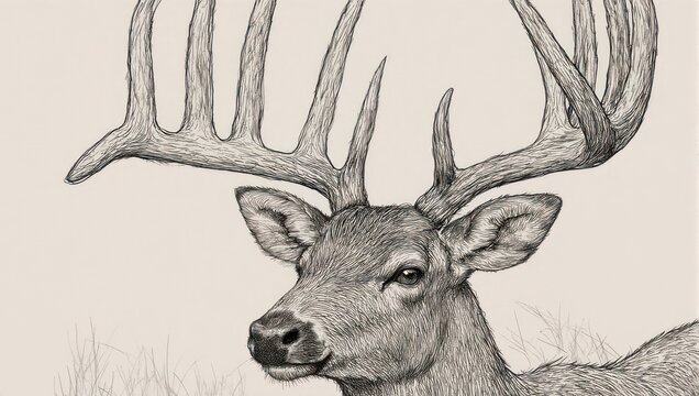 Detailed Pencil Drawing of a Majestic Whitetail Buck with Impressive Antlers.