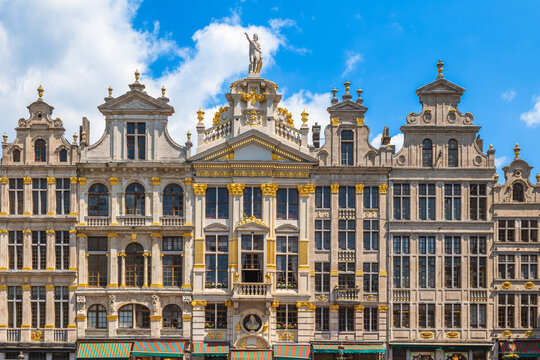 The facades and roofs of the houses bordering the Grand Place in Brussels, Belgium