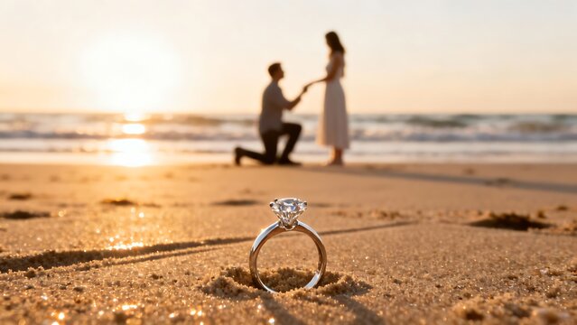 A romantic marriage proposal scene at the beach.