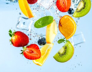 Fresh fruit and ice cubes splashing in clear water