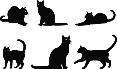 Cat silhouette, sitting cat, walking cat, stretching cat, crouching cat, standing cat, feline vector, black silhouettes, editable vector, pet clipart, animal icons, cat poses, © MdMasud