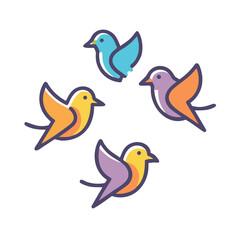 Fototapeta premium Set of cute cartoon bird vector illustrations featuring a funny sparrow, owl, and duck flying in nature or perched on a tree as a set of animal icons for art and design